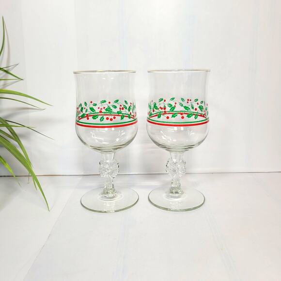 2 Vintage Arby's Holly Berries Christmas Collection Water Goblets, Bow Stem - Picture 1 of 6
